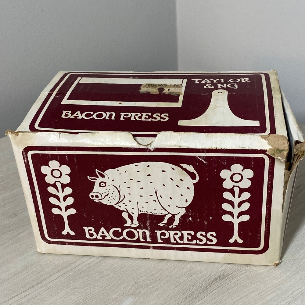 Vintage 1978 Taylor Ng Cast Iron Bacon Press Wood Handle Pig Design Grill Tool